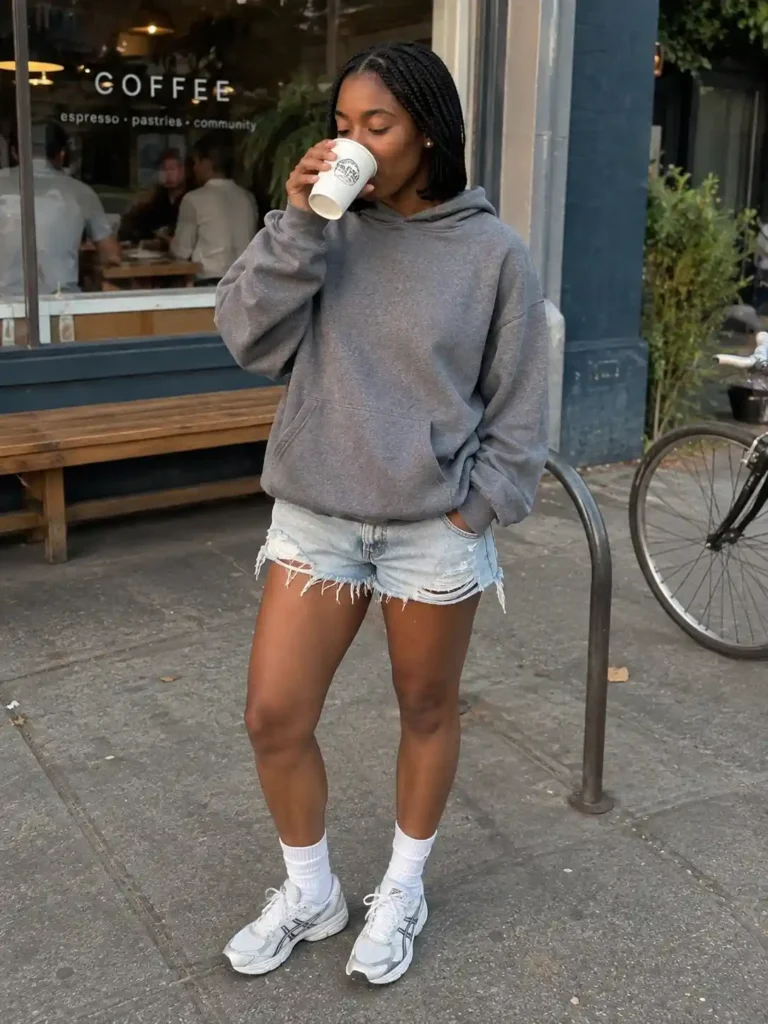 Distressed denim shorts and an oversized hoodie