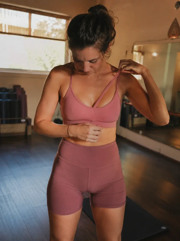 4. Dusty rose bike shorts with a strappy bra top