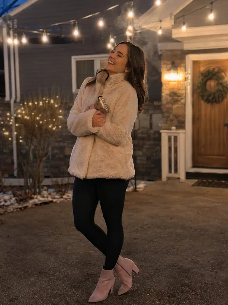 Prompt: A real American woman in her late 20s walks through a snowy park path, mid-step, adjusting a chunky scarf around her neck. She wears a wool coat with natural creasing at the shoulders, a thick knit scarf wrapped loosely with visible texture, and light pink ankle boots leaving faint prints in a light dusting of snow. Mittens dangle from clips on her coat sleeves. Her expression is natural, cheeks slightly flushed from the cold, breath visible. Soft winter daylight filtered through bare tree branches casts gentle shadows across the snow. Blurred snow-covered benches and trees fill the background. Shot on an iPhone, natural grain, cool tones, candid slightly tilted framing.