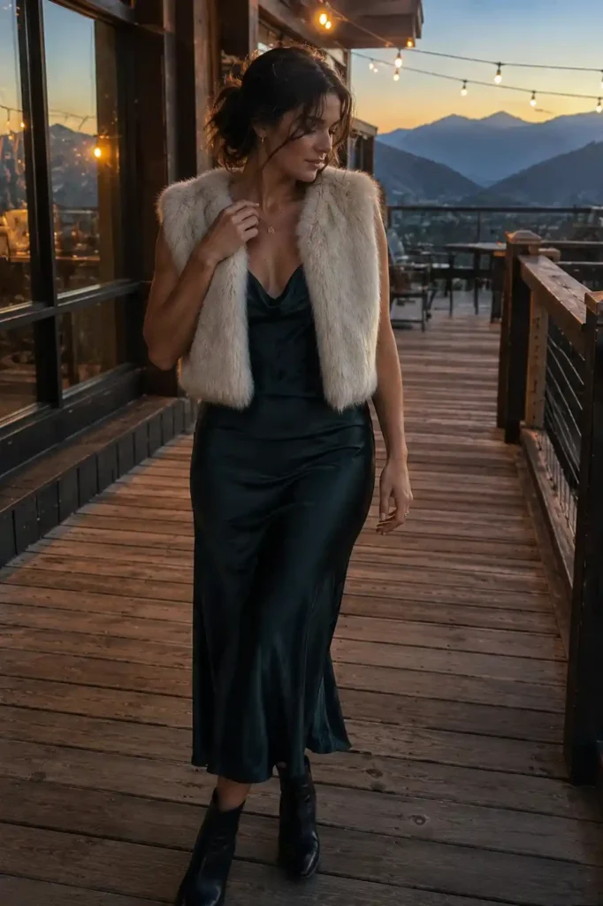 Faux fur vest over a slip dress