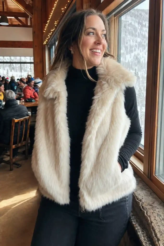 Faux fur vest over a turtleneck