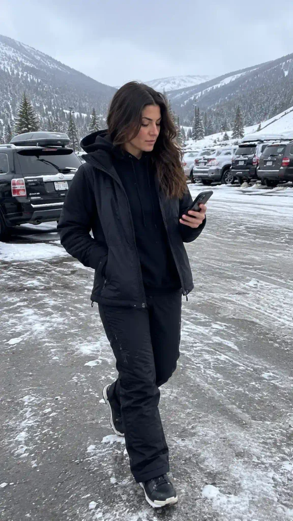 Fitted black hoodie under a snow jacket