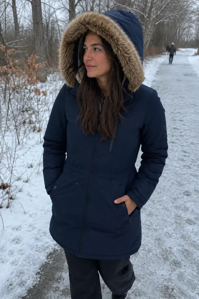 Fur-trimmed hood on 