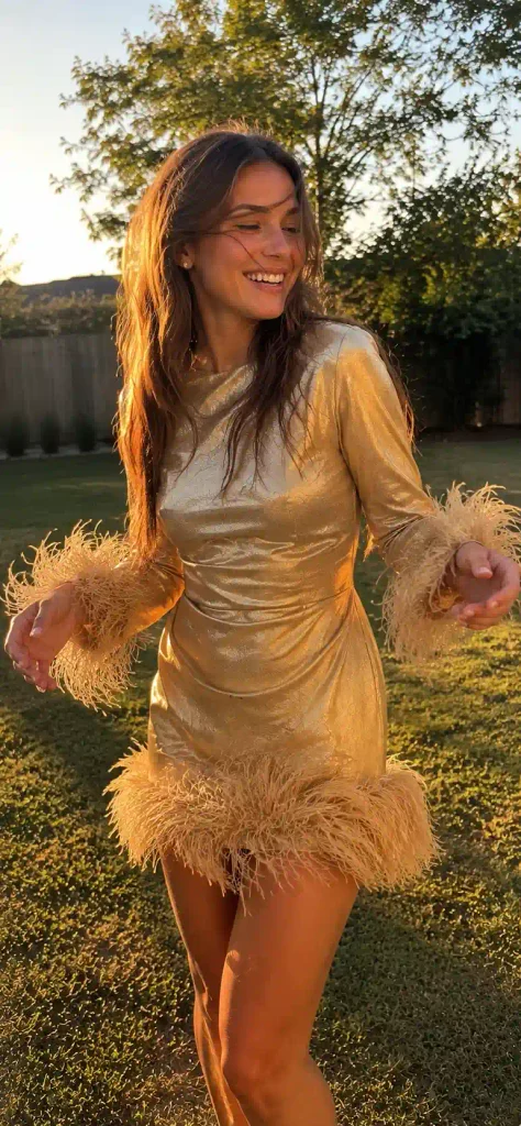 Gold feather-trim dress