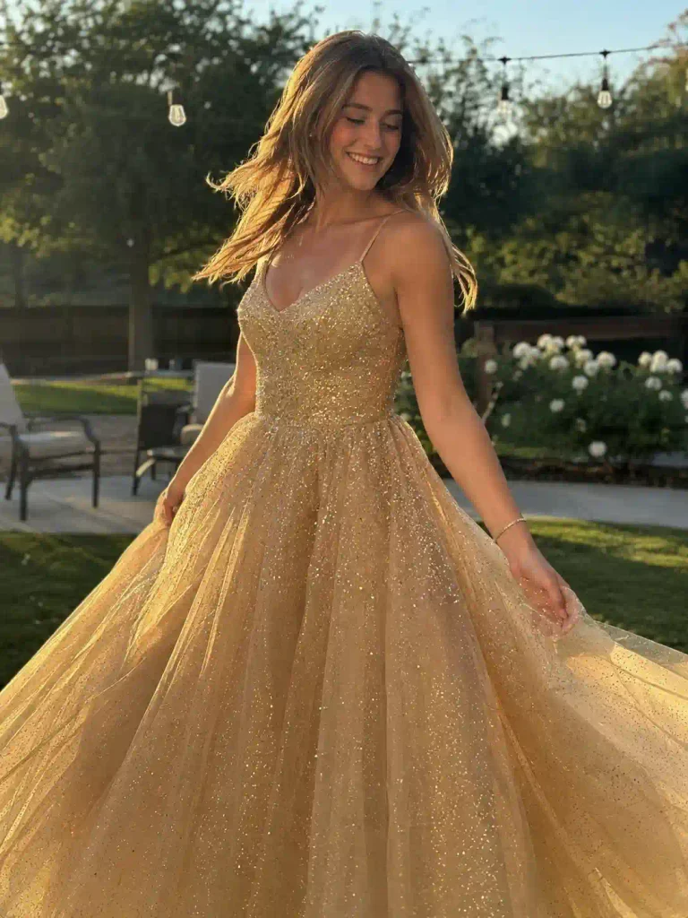 Gold glitter tulle gown