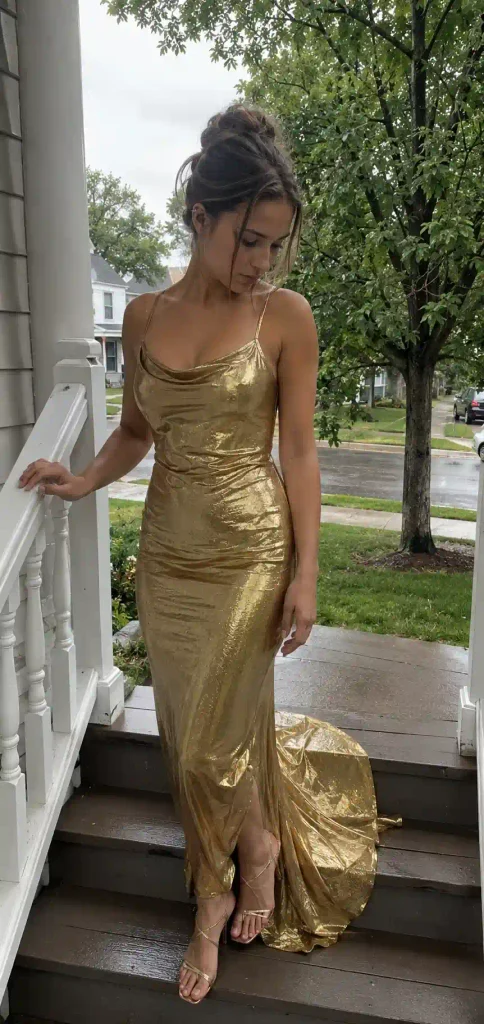 Gold sequin dress with feather