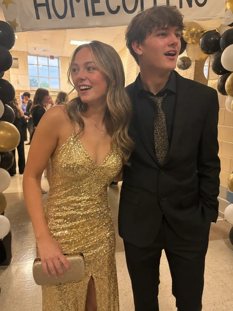 Gold sequin gown with a gold