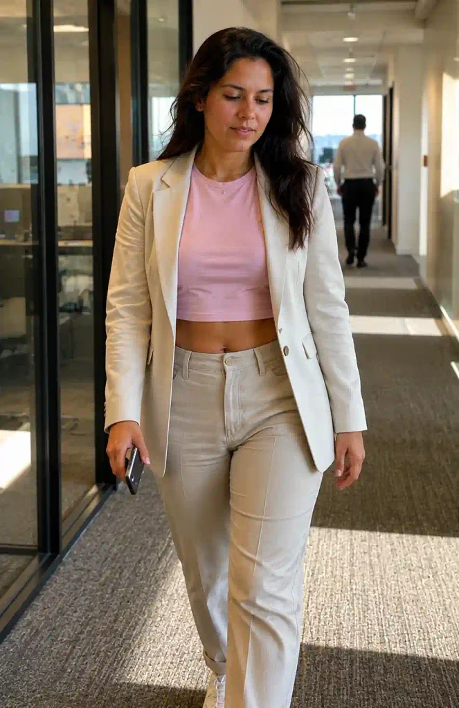 High-waisted trousers with a blazer