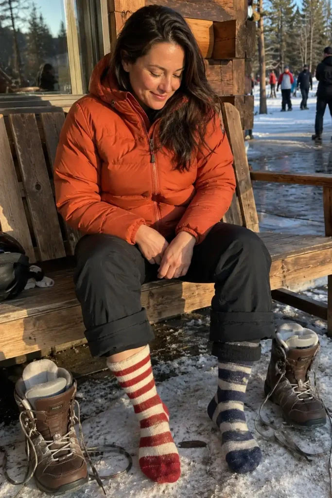 Jacket with mismatched wool socks visible
