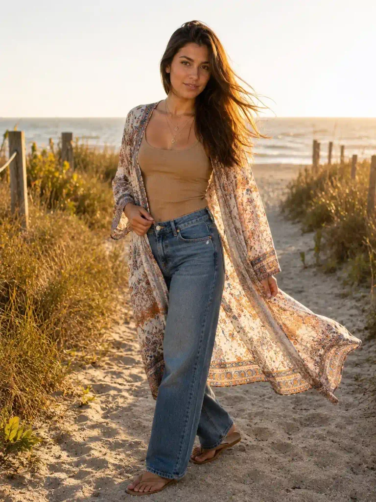 Jeans and a flowy kimono