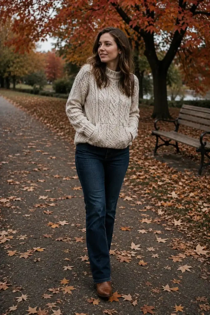 Jeans with a chunky knit sweater