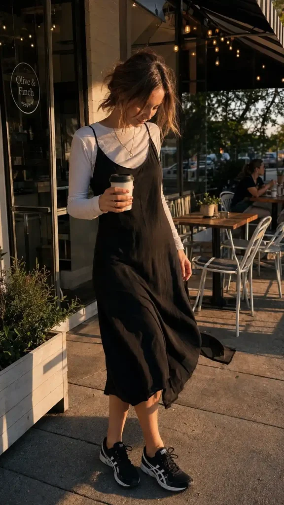 Layered slip dress and sneakers