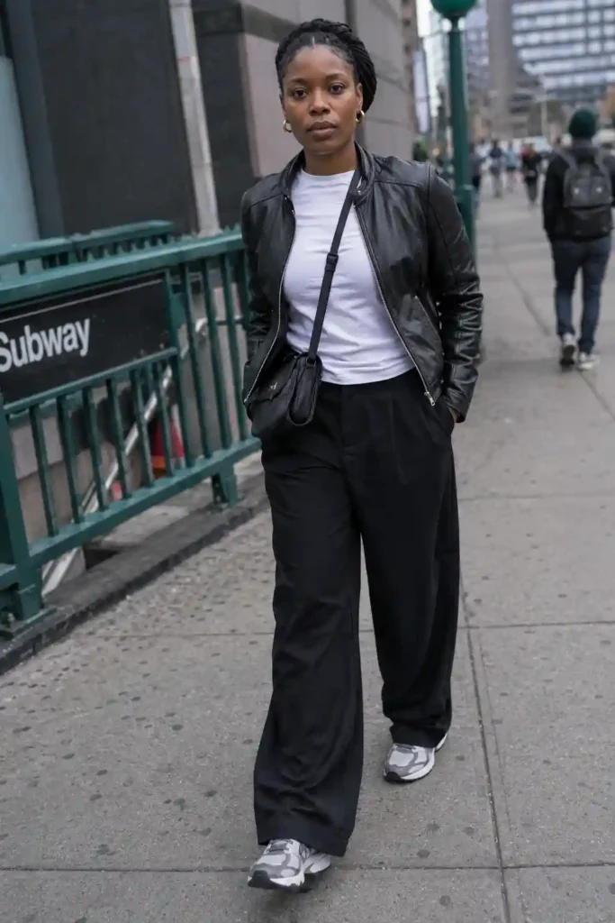 Leather jacket with wide-leg trousers