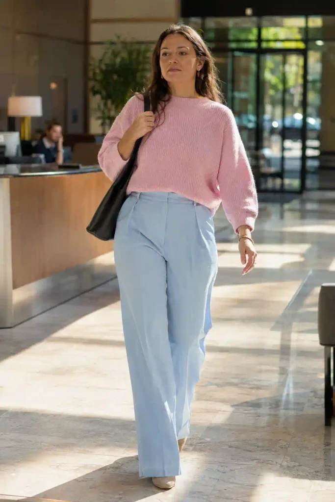 Light blue trousers with a pink knit top