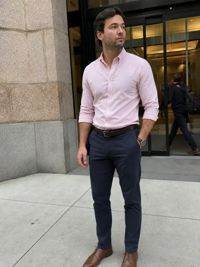 Light pink Oxford shirt with navy chinos