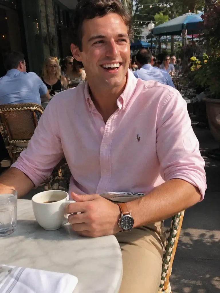 Light pink shirt with khaki chinos