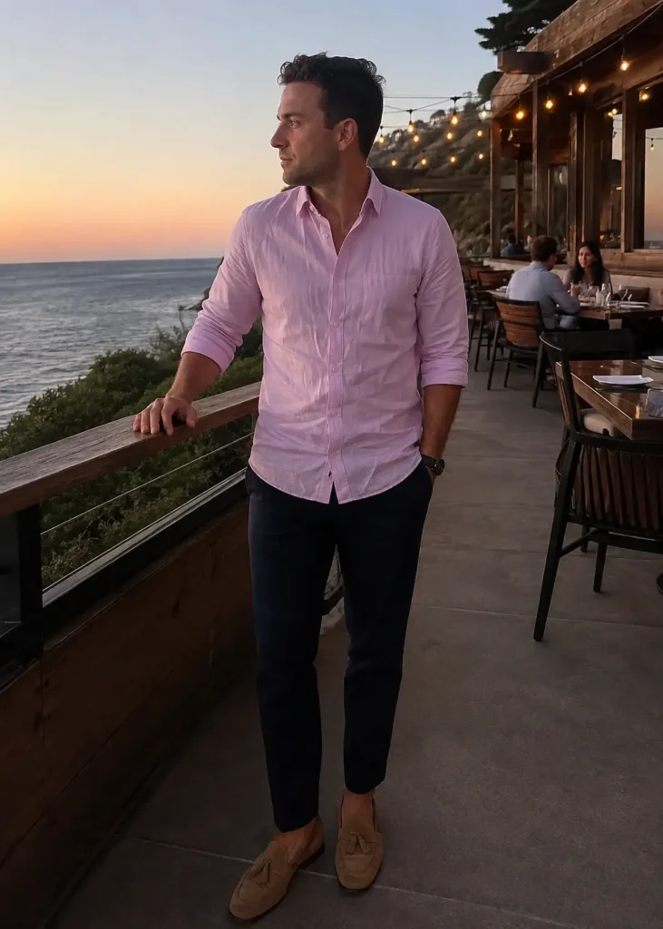 Loafers and rolled cuffs for a beach dinner