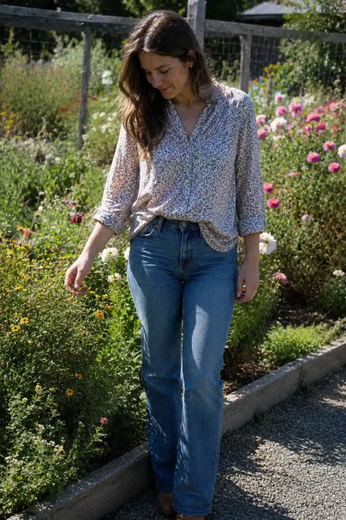 Medium wash jeans with a floral blouse