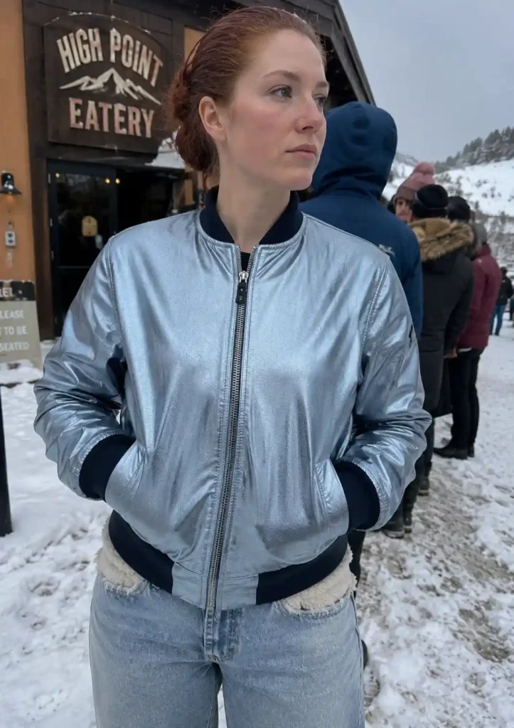 Metallic bomber jacket with fleece-lined jeans