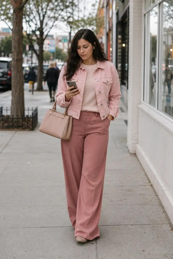 3. Monochrome pink: jacket, top, and trousers