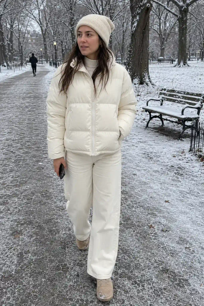 Monochrome puffer outfit
