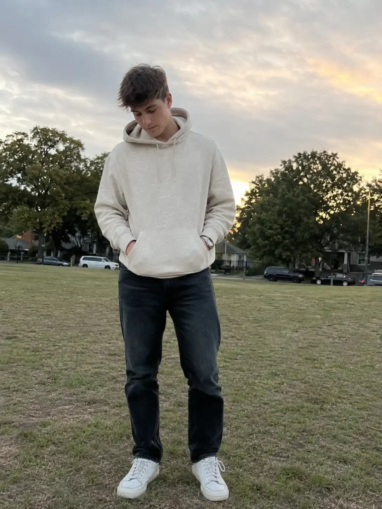 Neutral hoodie with clean sneakers