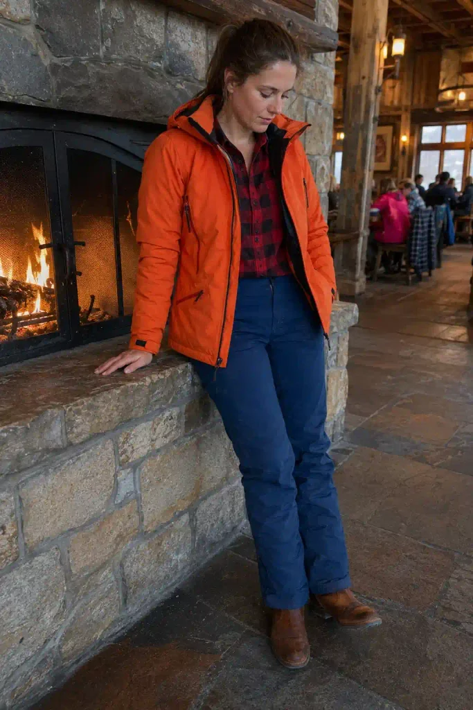 Orange jacket, plaid flannel collar