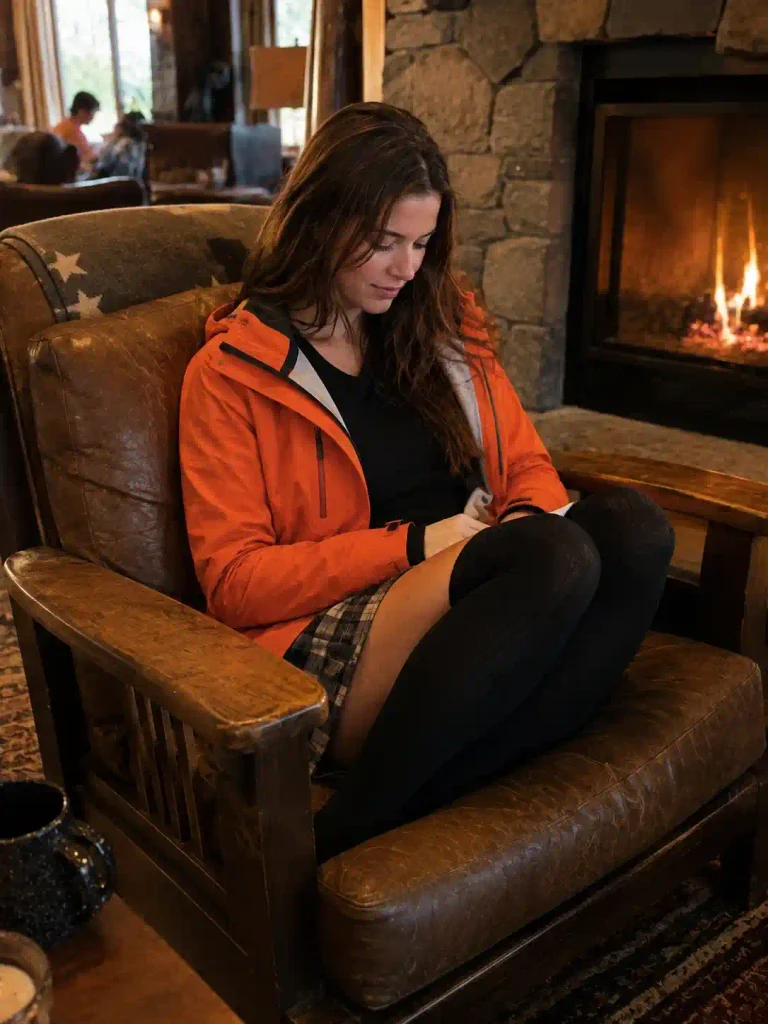 Orange jacket, plaid mini sk