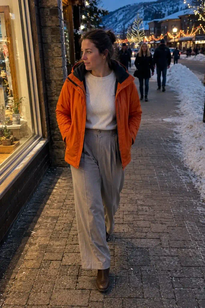 Orange jacket, wide-leg trousers,