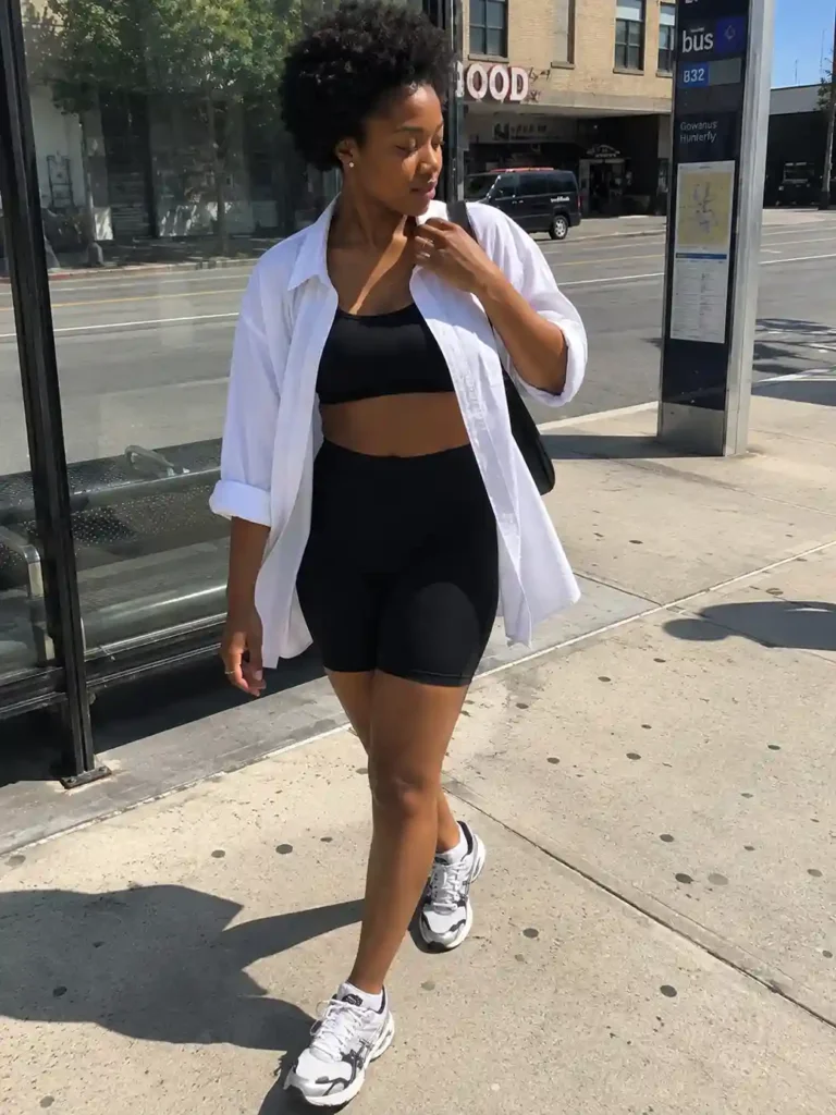 Oversized button-up over a sports bra