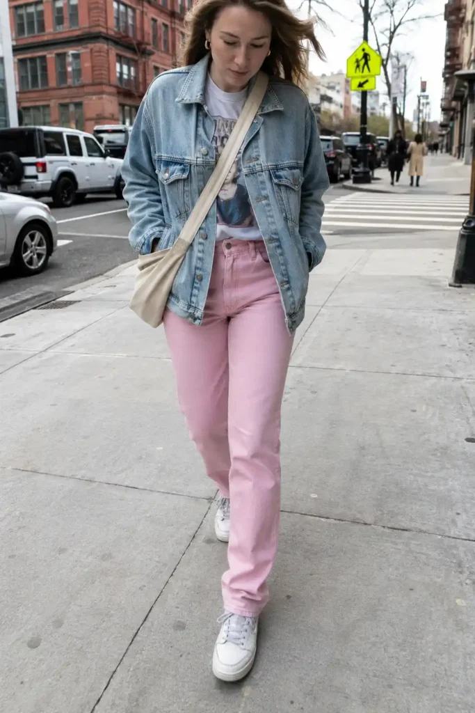 Oversized denim jacket over a graphic tee