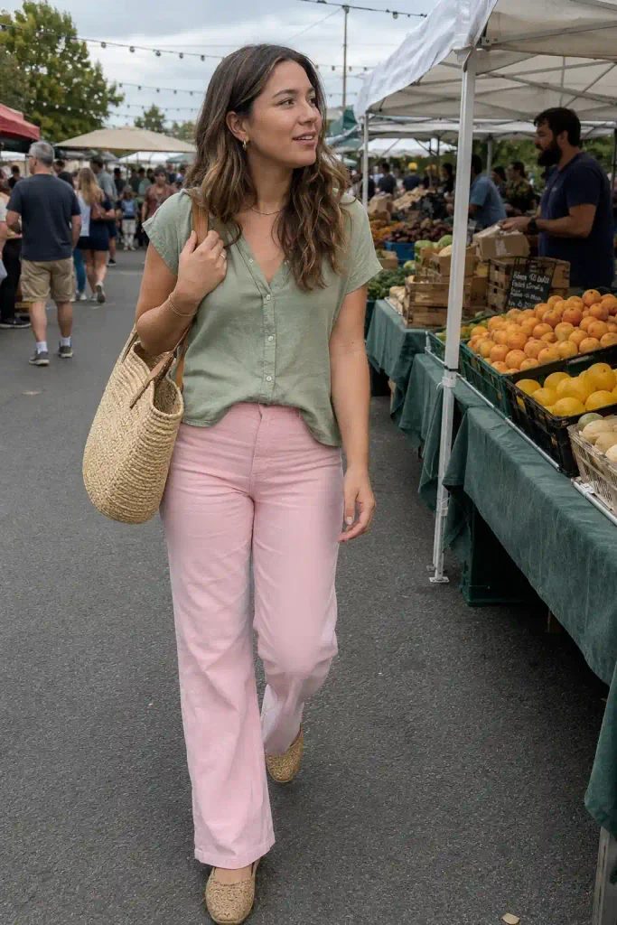 Pastel green blouse with woven flats