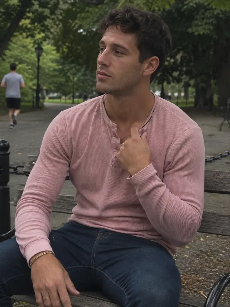 Pink Henley with dark jeans