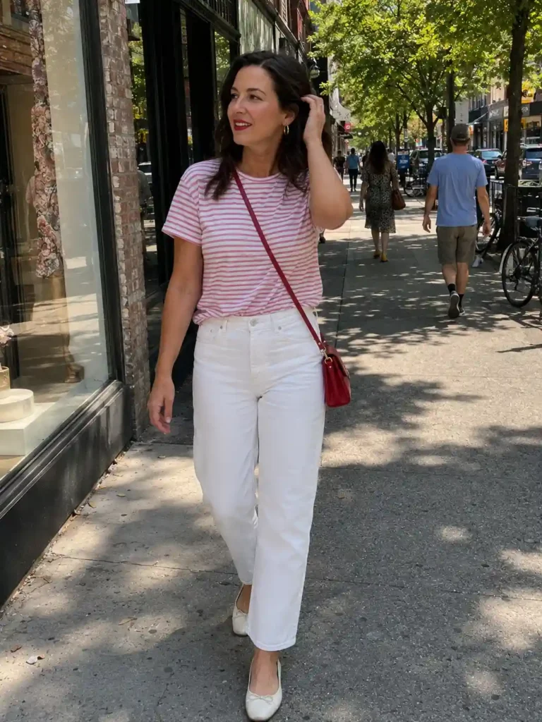 Pink and white striped top with white denim