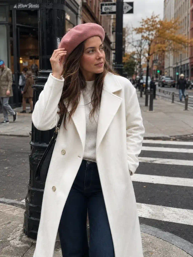 Pink beret with a white wool