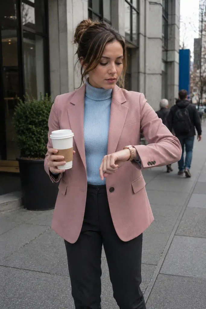 Pink blazer over a light blue turtleneck