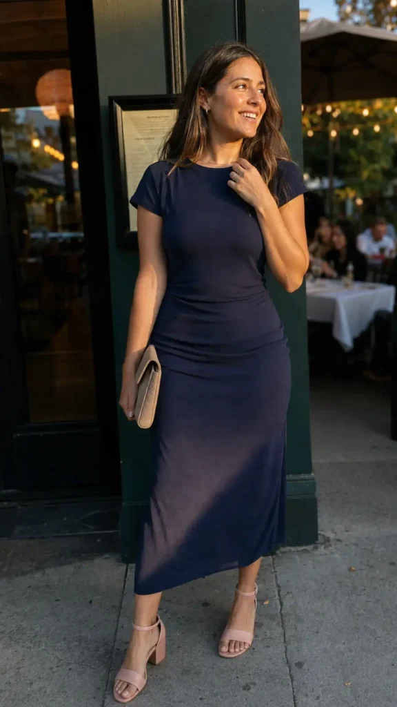 Pink block heels with a navy midi dress