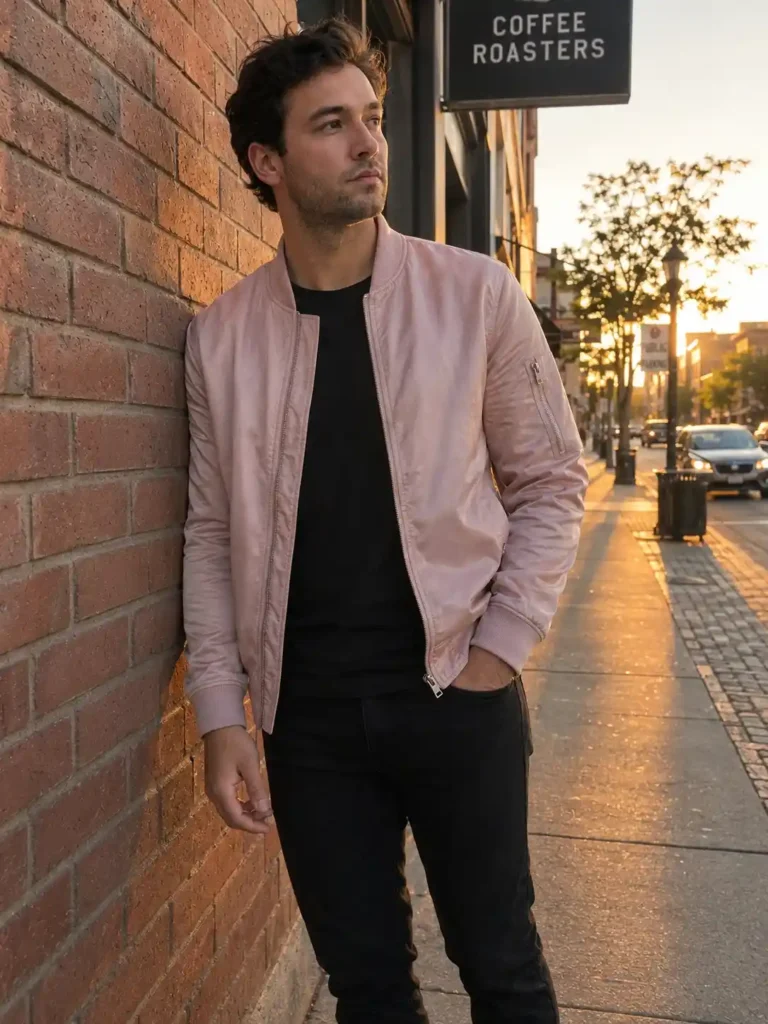 Pink bomber jacket over all black