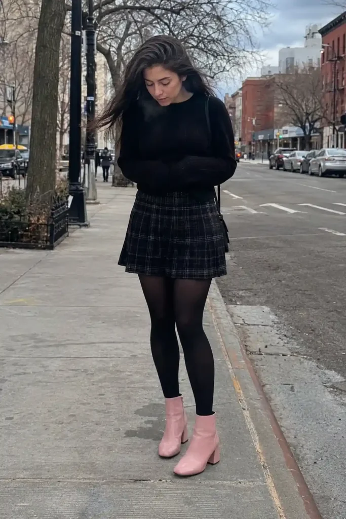 Pink boots with a plaid mini skirt