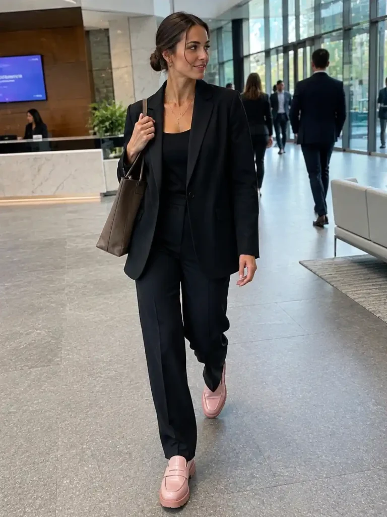 Pink chunky loafers with a suit