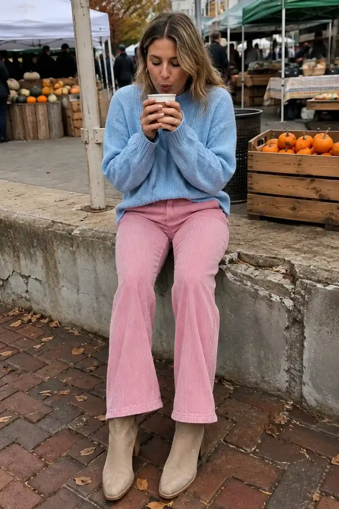 Pink corduroy pants with a baby blue