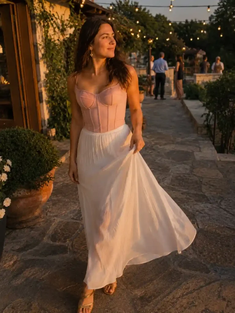Pink corset top with white maxi skirt