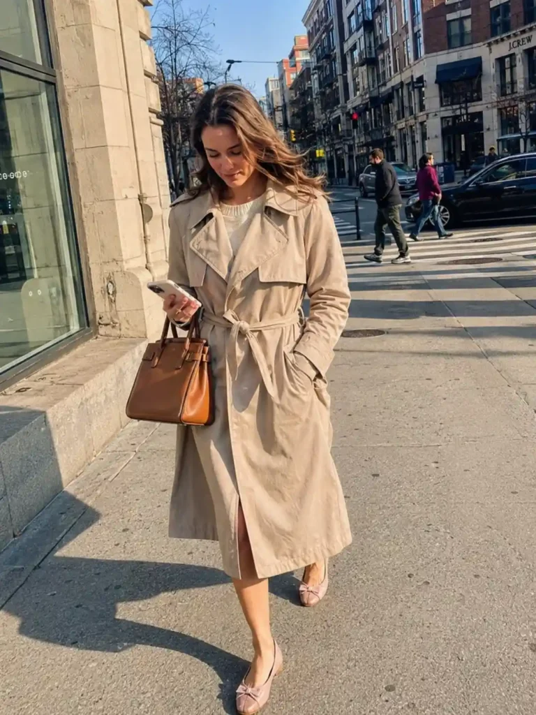 Pink flats with a tailored beige trench