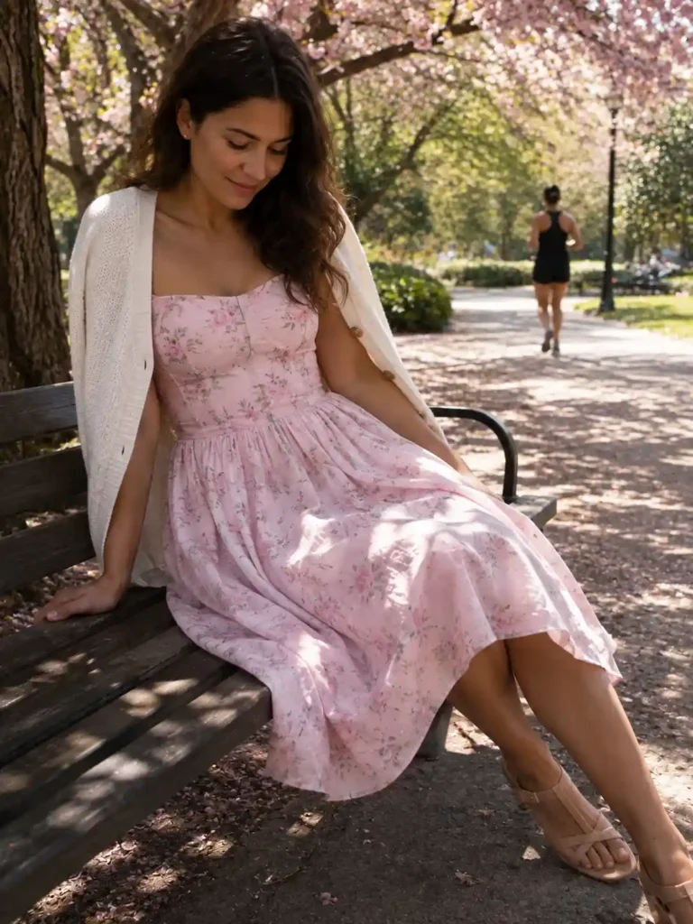 Pink floral dress, white cardigan