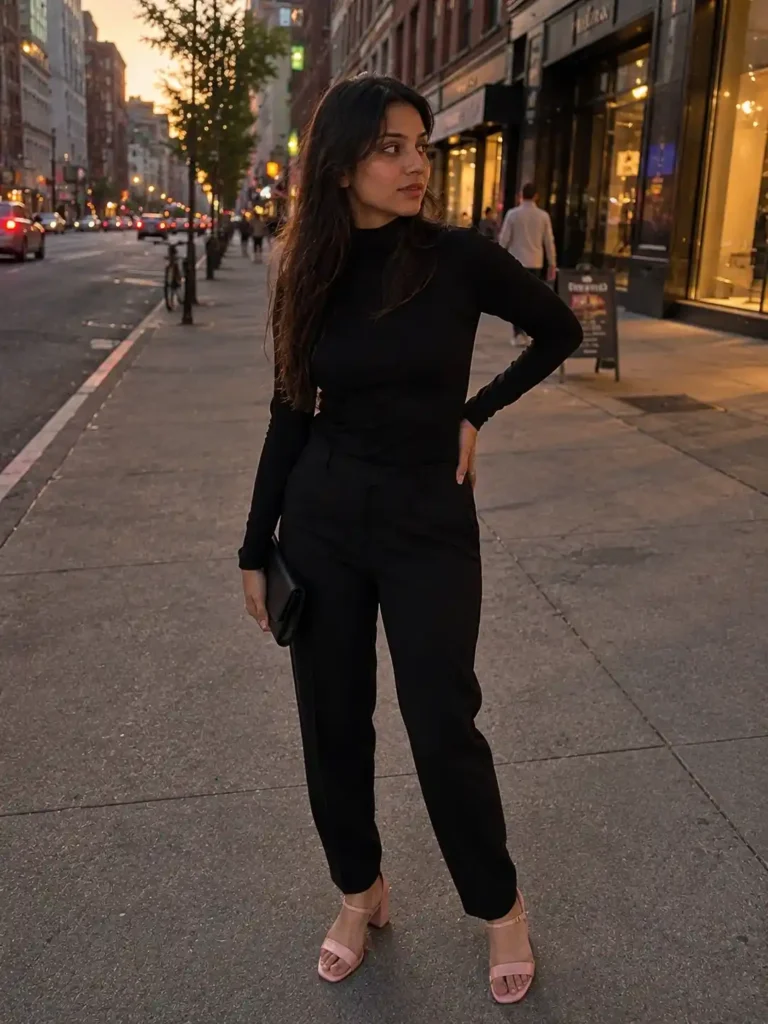 Pink heels with all-black everything