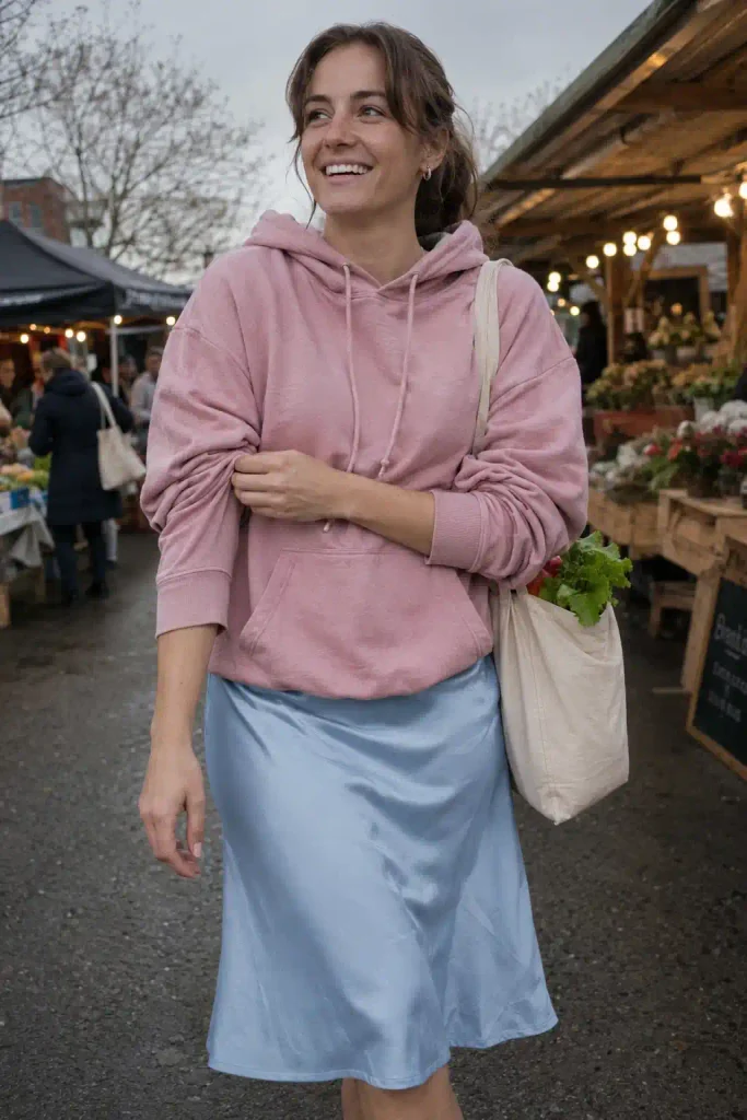 . Pink hoodie over a light blue s