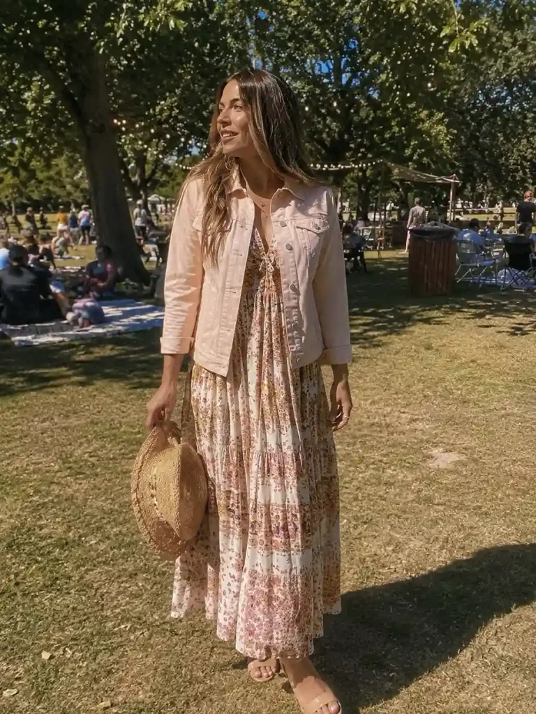 Pink jacket with a printed maxi dress
