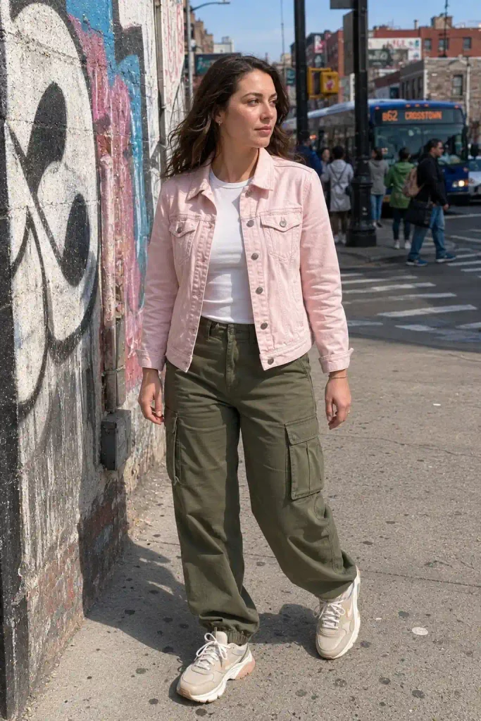 Pink jacket with cargo pants