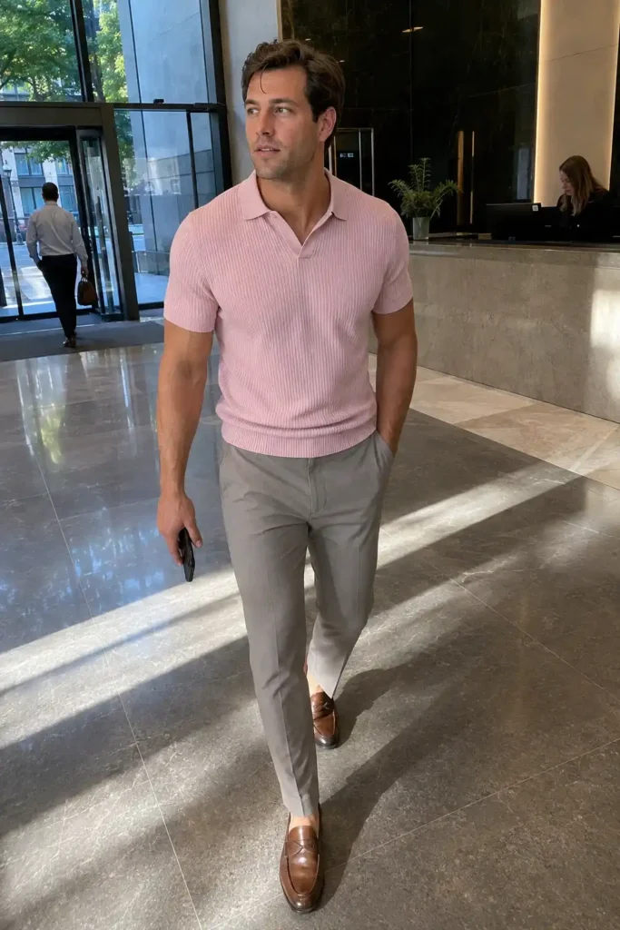 Pink knit polo for smart