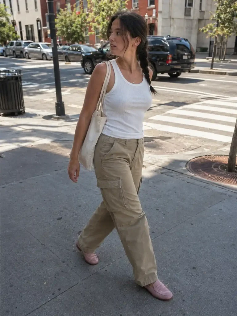 Pink loafers with khaki cargo pants